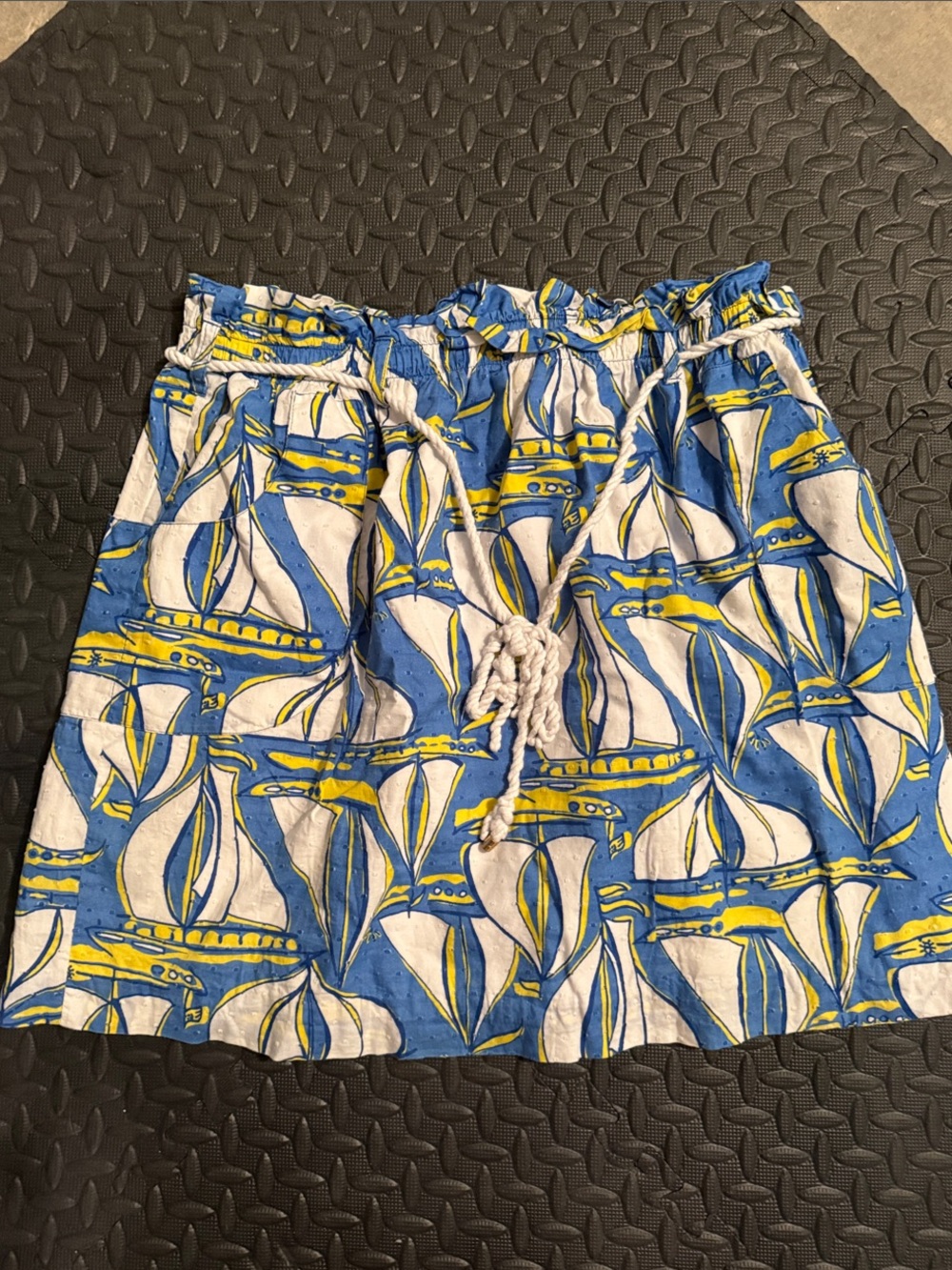 Lilly Pulitzer Blue, White & Yellow Sailboat Print Mini Skirt